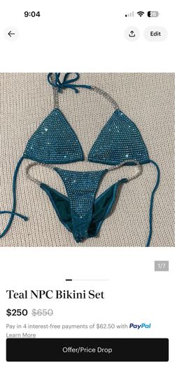 Ravish sands bikini competition suit, teal, never worn, 34 d top, small bottoms