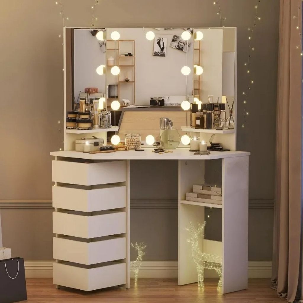Corner Vanity Desk with 3 HD Mirrors and Lights, Makeup Dressing Table with Outlet, Vanity Station with 3 Color Lighting, Adjustable Brightness, 5 Rot