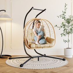 PamaPic Swing Chair Rattan Black Iron Frame Hanging Egg Chair with Brown Cushioned Seat