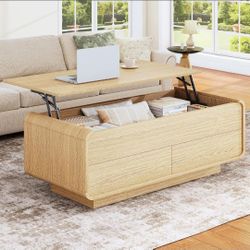 Lift Top Coffee Table with Storage, 2-Tier Center Table with 2 Drawers, Curved Profile Design, Wooden Rectangular Living Room Table, Modern Coffee Tab