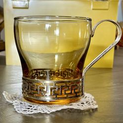 Mid-Century Libbey Greek Key Continental Glass Cup With Gold Tone Metal Holder