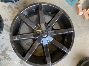 Photo Wheel aluminum alloy 22”x9” wide five lugs fits to Dodge and others with five lugs. Brand new never mounted tire to.