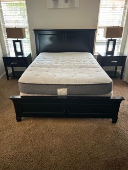 Queen head board, mattress, box spring, and night stands