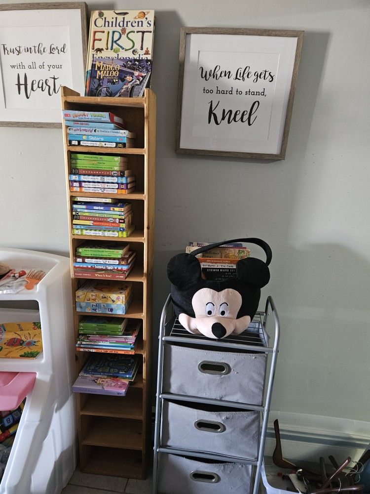 BOOKS AND SHELVE AND 3 DRAW CADY