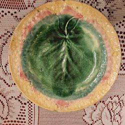 ANTIQUE  MAJOLICA  ETRUSCAN STAMP GREEN LEAF PLATE  POTTERY
