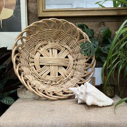 Vintage Boho Large Round Wicker Woven Basket Organizer Decor Coastal Rattan Bamboo Light Wood 