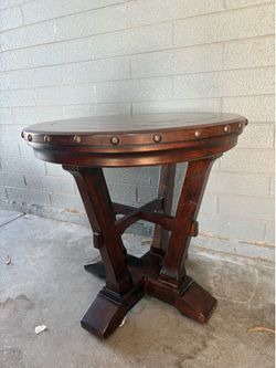 Round Dark Wood End Table With Silver Nailheads