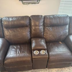 Brown Leather Reclining Loveseat w/ Console & Cup Holders - One Side Needs Repair (AS-IS)