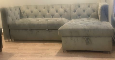 Puraday Powder Gray Mico Fiber sectional with pullout bed and chaise storage- DELIVERY AVAILABLE