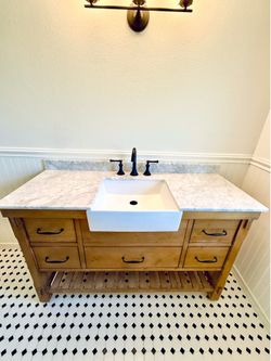 NEW 55" Farmhouse Vanity w/ Carrara Marble Top + Pfister Faucet