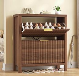 Fluted Shoe Cabinet Storage with 2 Flip Drawers ,Hallway Narrow Shoe Rack Freestanding Shoe Organizer,Walnut