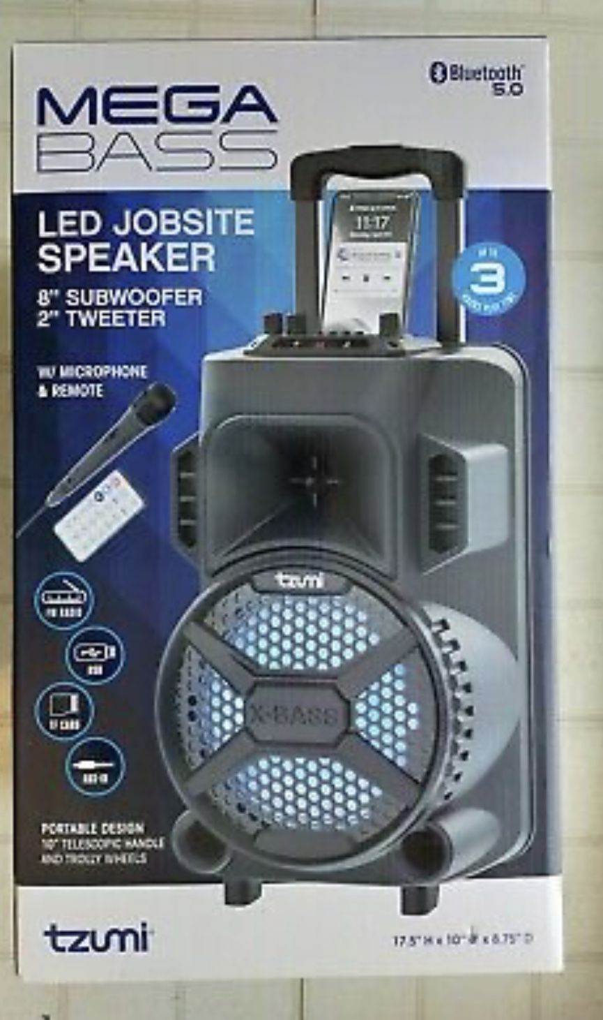 New Mega Bass Tzumi Led Jobsite Speaker FM Radio USB Tf Card Aux-in Remote Mic