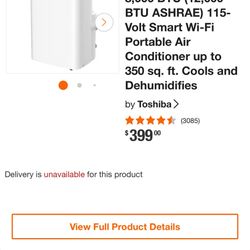 Toshiba 8,000 BTU (12,000 BTU ASHRAE) 115-Volt Smart Wi-Fi Portable Air Conditioner up to 350 sq. ft. Cools and Dehumidifies