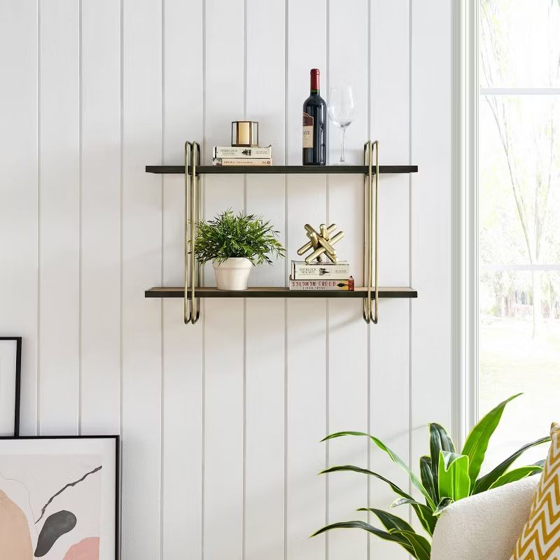 2 Tier Metal and Wood Hanging Bracket Wall Mounted Shelf
