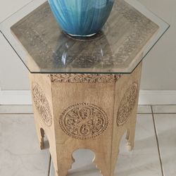 Carved TEAK table With Glass Top