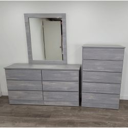 GRAY DRESSER WHIT MIRROR AND CHEST -  CÓMODA CON ESPEJO Y GAVETERO COLOR GRIS 