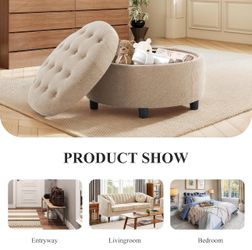 Fabric Round Storage Ottoman with Reversible Tray Lid – Multi-Functional Footrest, Hidden Storage, Sturdy & Stylish Small Coffee Table for Living Room