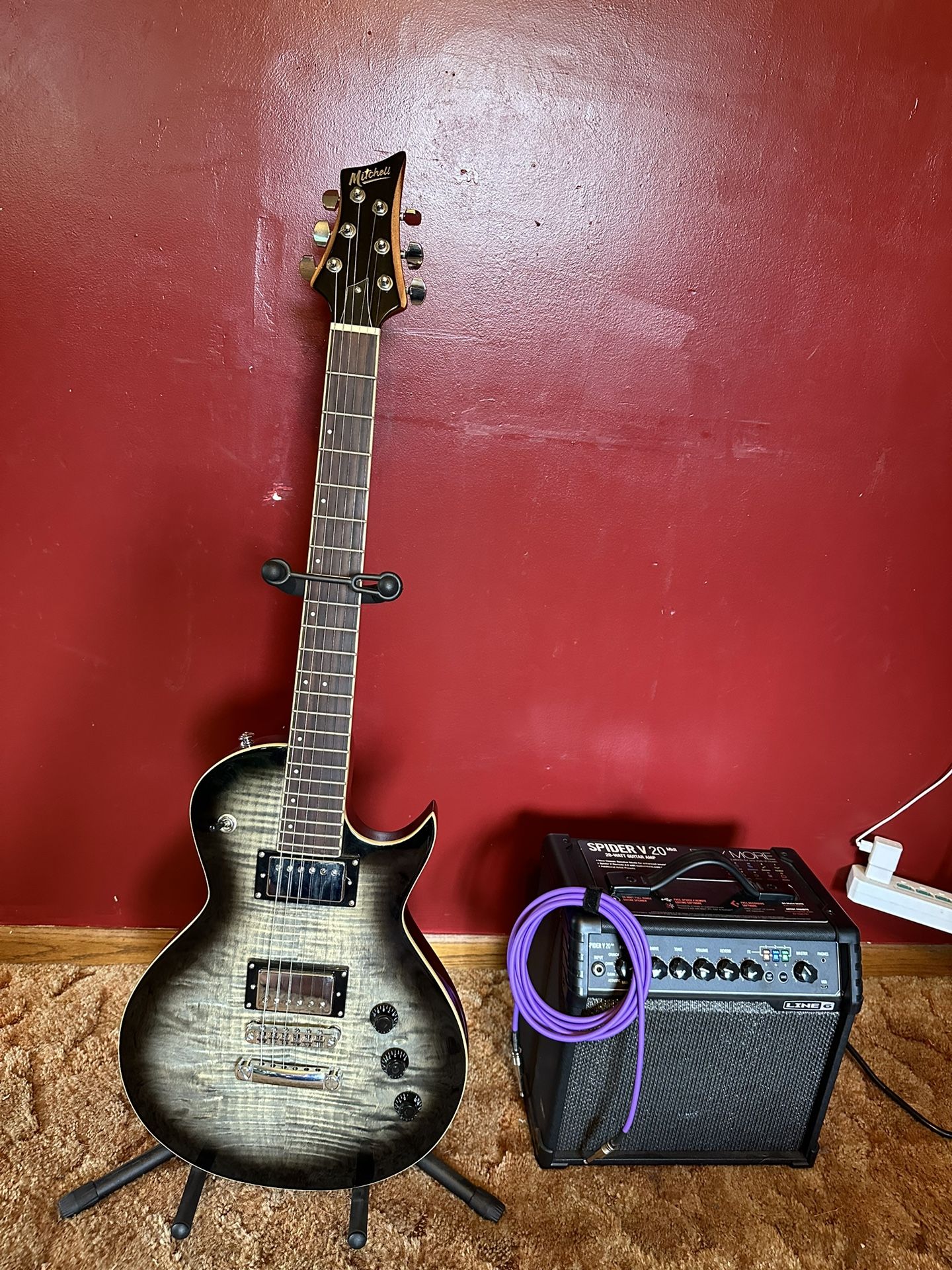 Mitchell MS470 Guitar, Spider V20 AMP , Aux Cord/Guitar Stand