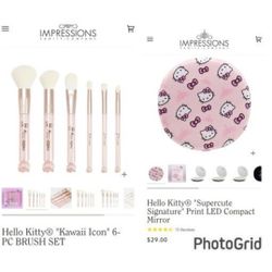 New Girls Women Impressions Vanity Hello Kitty Compact Mirror And Kawaii Icon 6pc Brush Set Make Up Brushes Espejo Para Mujer Y Brochas De Maquillaje 