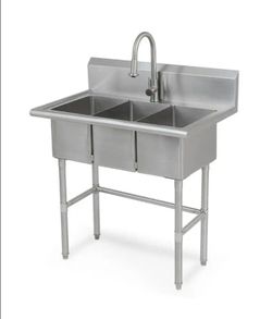 Glacier Bay 38 in. W x 24 in. D Freestanding Stainless Steel 3-Compartment Commercial Laundry/Utility Sink with Faucet and Drain