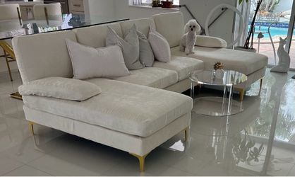 Cream Velvet Sectional Sofa with Gold Legs