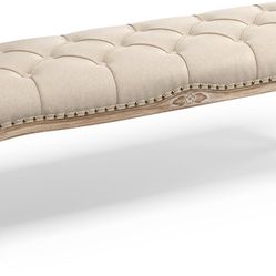 Bedroom Bench, French Vintage Tufted Entryway Bench, 45.2" Carving Upholstered End of Bed Bench, Linen Ottoman, Linen Color