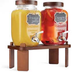 Favorflavor 2PCS Large Drink Dispensers for Parties,Glass Beverage Dispenser with Wood Stand,Lemonade Drink Dispenser with Stainless Steel Spigot for 
