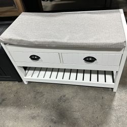  Shoe Bench with Seat Cushion and Drawers White(34”L x16”W x 21” H)