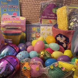 Easter Kids Lot- Mixed Lot- Some New Some Used - Eggs, Dye, Bunny, Baskets, stickers, large basket bag