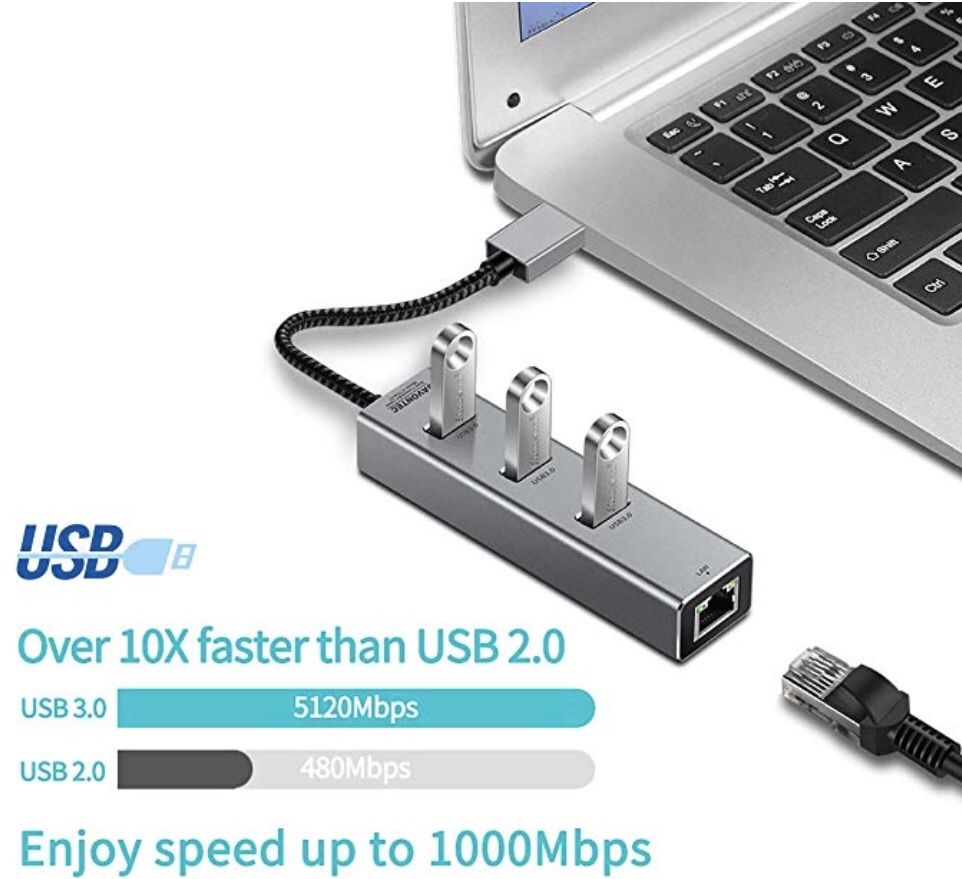 USB to 3 Port USB 3.0 Hub with RJ45 10/100/1000 Gigabit Ethernet LAN Wired Network Converter Hub for Laptops, Computers, Tablets and More