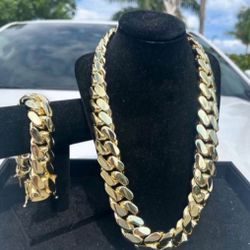 Set Chain & Bracelet 20mm Miami Cuban Link Yellow Gold Plated Chain Necklace 18k & 14k Crab Old School Regular Lock