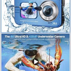 Underwater Camera, UHD 4K 48MP Autofocus Waterproof Camera with 16X Zoom Selfie Dual Screens,11FT Compact Waterproof Digital Camera with 64GB Card,Fil