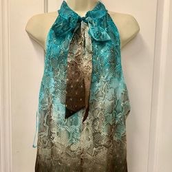 ✨New With Tag✨ Size 12 Adult Women Large Snake Print Halter Sleeveless Blouse Brown Metallic Gold Teal 