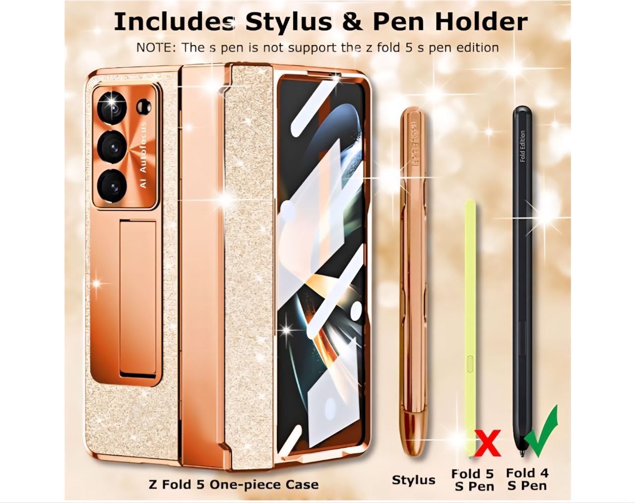 for Samsung Galaxy Z Fold 5 Case with Pastable S Pen Holder & Stylus, Glitter Bling Leather Phone Case with Kickstand, Front Screen Protector, All-Inc