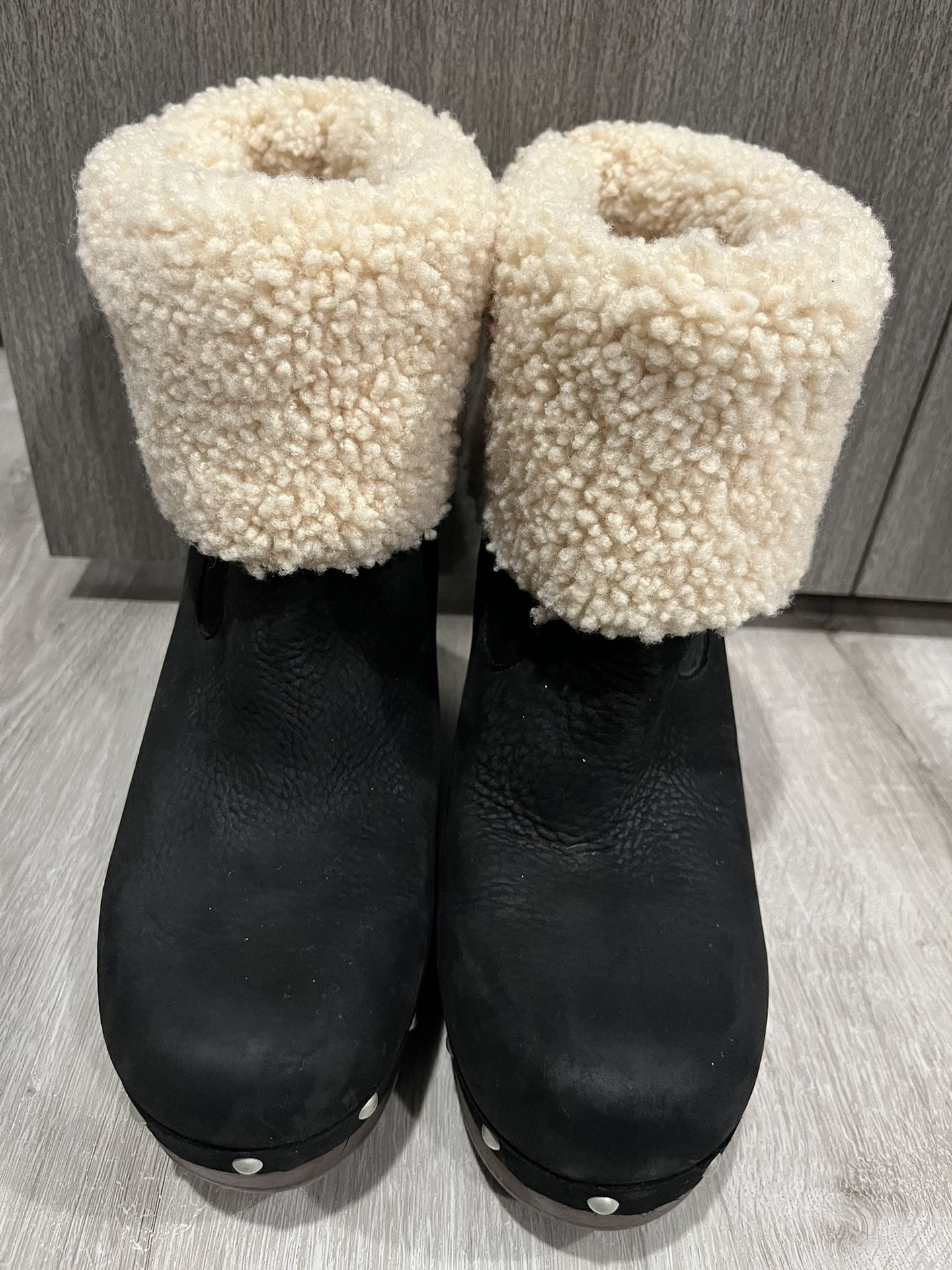 Women’s UGG Black Suede/ Sherpa Fold Down Ankle Boots
