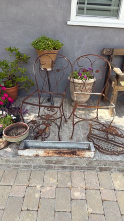 Vintage outdoor wrought iron decor. 2 chairs shelf wall decorative piece etc