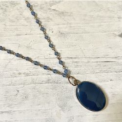 Long Blue Beaded Pendant Necklace 
