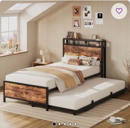 Twin Bed Frame with Trundle and Storage Headboard