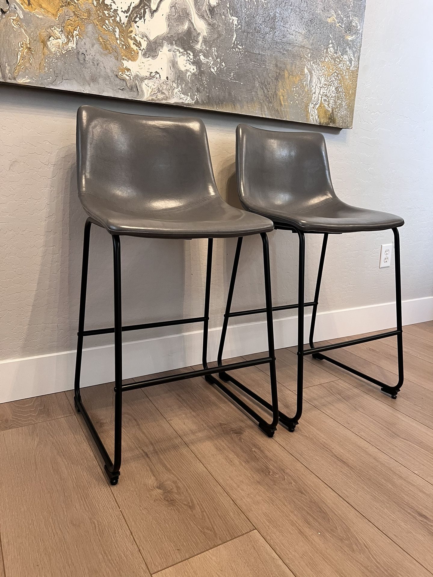 TWO Grey Leather & Black Metal Counter Chairs- Bar Stools- Counter Height Stools
