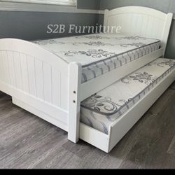 Twin Twin Size White Trundle Bed W Orthopedic Mattress 