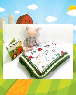 Farm Animal Minky Sherpa Crochet Baby Blanket & Old McDonald Book & Pig Gift Set
