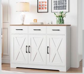 HOSTACK Modern Farmhouse Sideboard Buffet Cabinet, Barn Doors Buffet Storage Cabinet with Drawers and Shelves, Wood Coffee Bar with Storage for Kitche