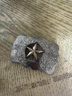 Vintage Western Engraved Texas Star Belt Buckle Silver Tone Cowboy Rodeo