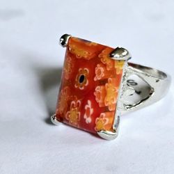 MILLEFIORE MURANO GLASS FLORAL DESIGN NEW SIZE 9 STAINLESS STEEL FOREVER WEAR..RING 
