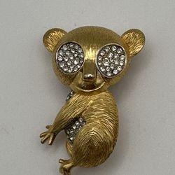 Vintage Koala Bear Brooch Rhinestones Textured Gold Tone Great Condition