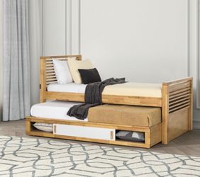 LIGHT OAK TWIN BED WITH BUILT STORAGE UNIT WITH SIDING DOOR /USB A & C PORTS (F) $399 DELIVER AVAILABLE  
