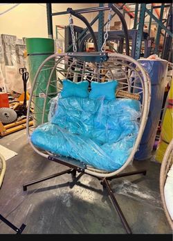 New Swing Hanging Double Birdcage Egg Chair with Stand Indoor Outdoor 700 Ibs Capacity available turquoise blue and dark gray