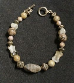 Vintage Artisan Picture Jasper & Mother of Pearl Toggle Bracelet Earth Tone Boho