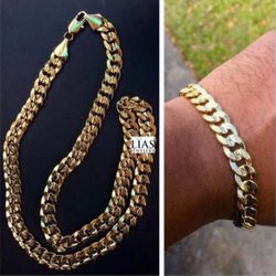 New 18k Yellow Gold Cuban Link Chain And Bracelet 