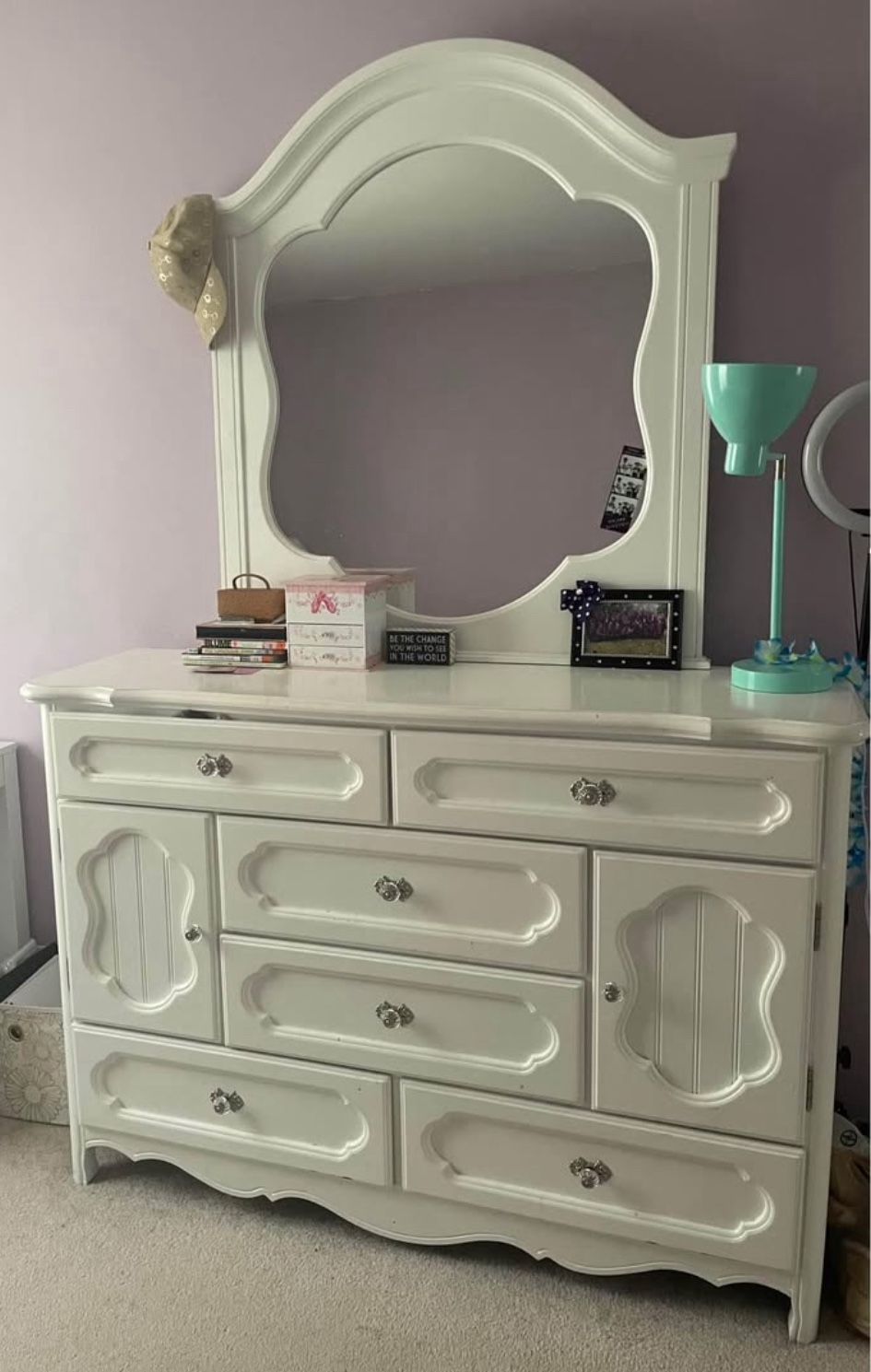 Bed, Box Spring, Dresser, Mirror